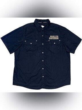 Harley Davidson Shirt Men’s Navy Blue Stripe HD Embroidered Logo Button Down 2XL